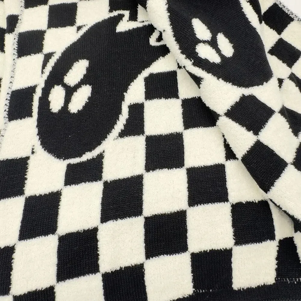 Spooky Night Checkerboard Ghost Throw Blanket Halloween Black Off White NEW